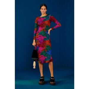 Farm Rio Dress Rainbow Mix Jersey Dress Midi, Size Small, New